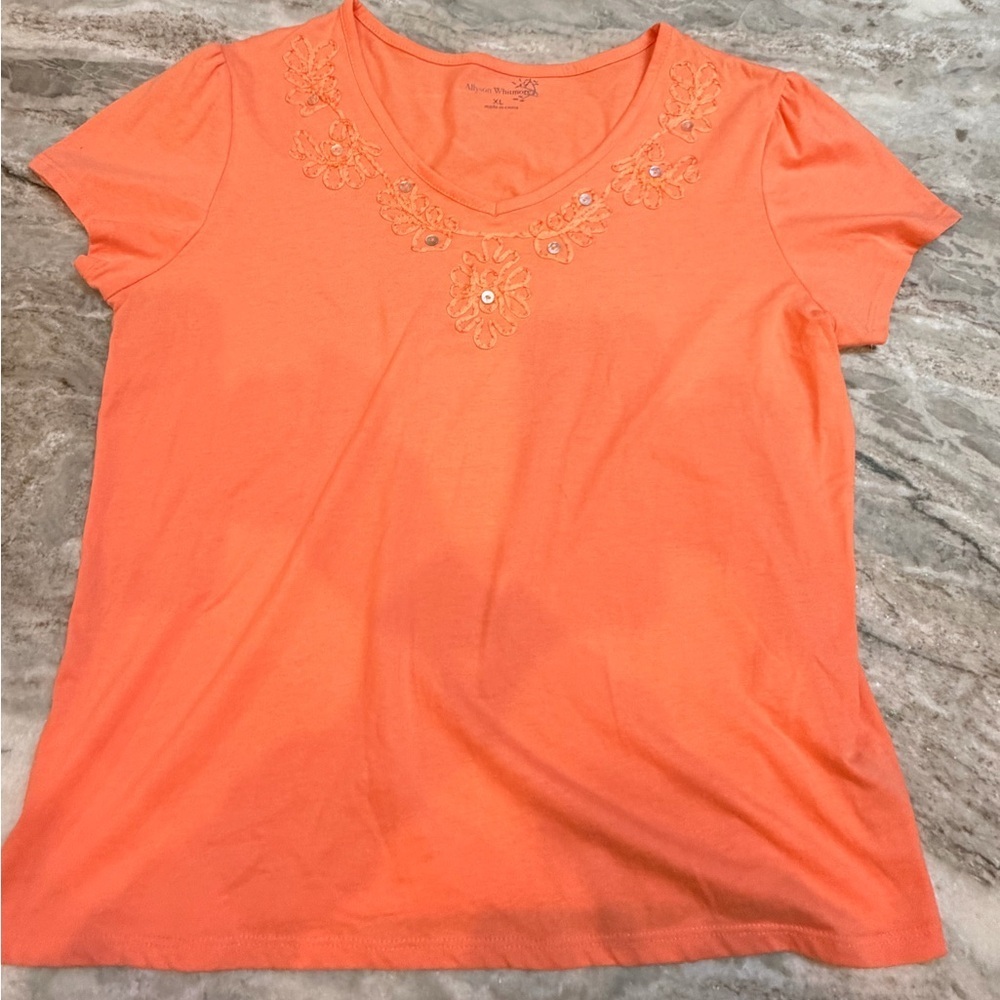Allyson Whitmore Coral Embroidered Floral V-Neck Tee Size XL